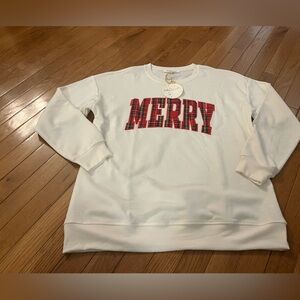 NWT White oversized Merry Sweatshirt with Red Plaid Letters women’s size medium
